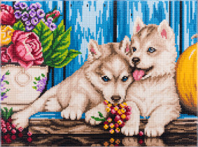Кристальная ( алмазная) мозаика  " ФРЕЯ" ALPD- 047 на подрамнике " Щенки Хаски" 40 х 30 см