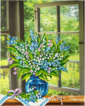 Кристальная ( алмазная) мозаика  " ФРЕЯ" ALPD- 010 на подрамнике " Ландыши на окне" 40 х 50 см